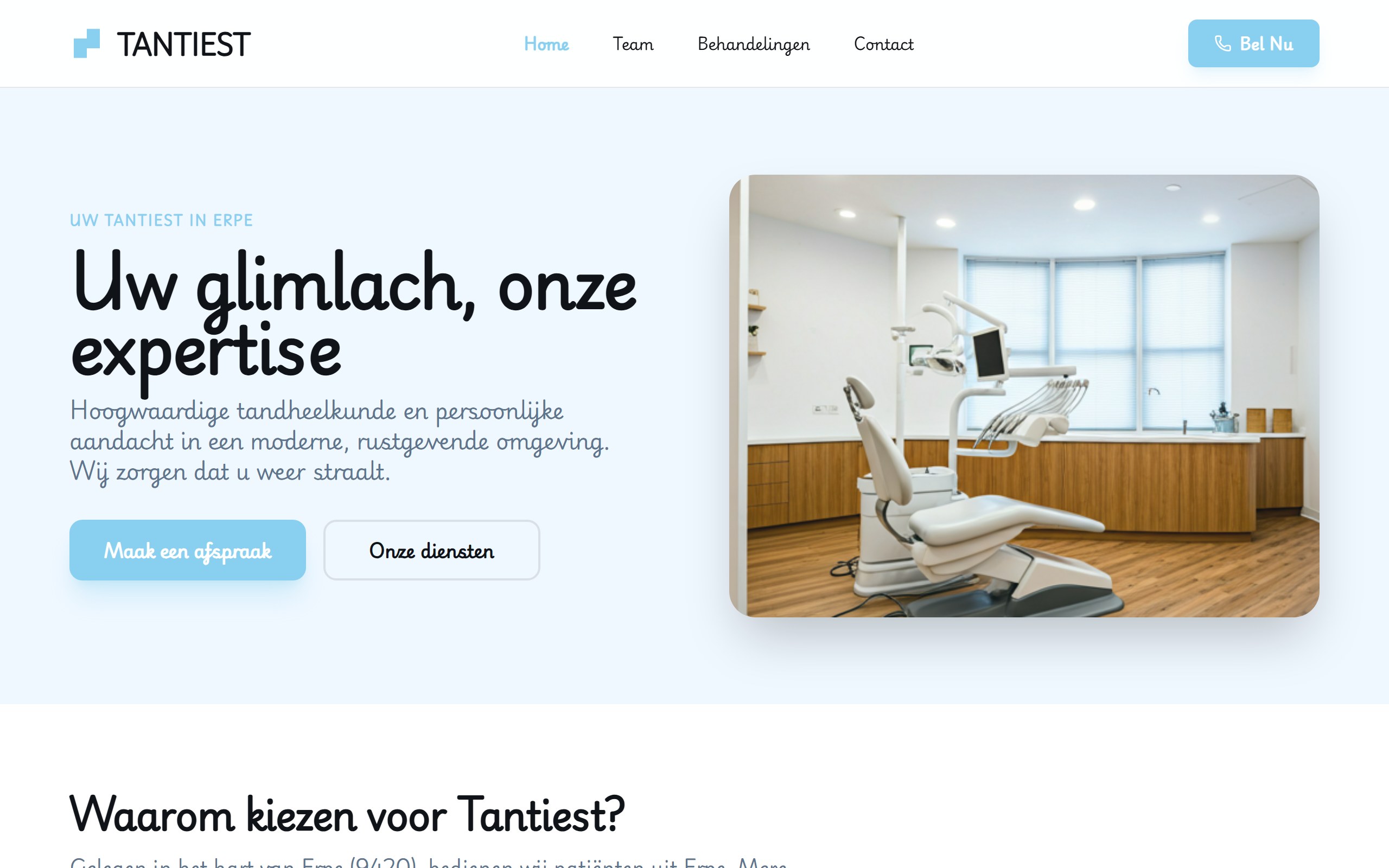 Startpagina van de website van tandartspraktijk Tantiest